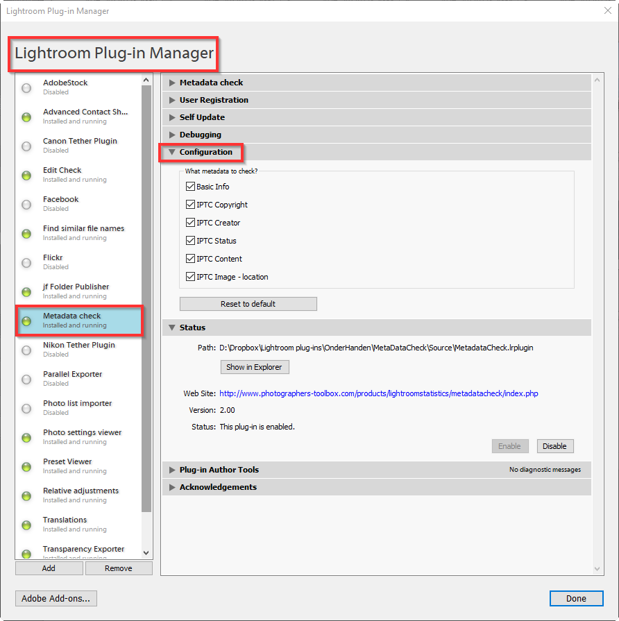 configuration panel - Metadata check - Lightroom plug-in Lightroomstatistics