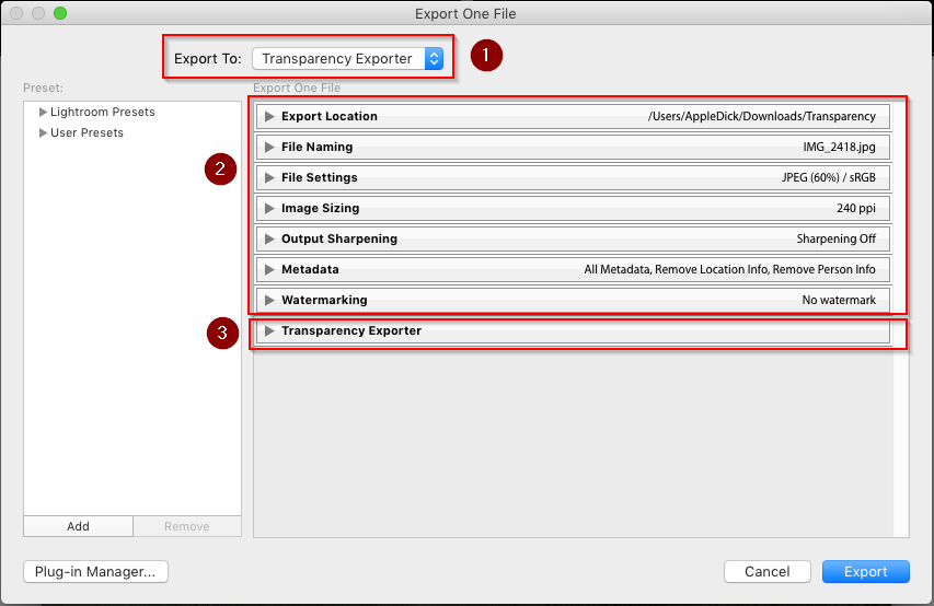 Lightroom Transparency plug-in all tabs