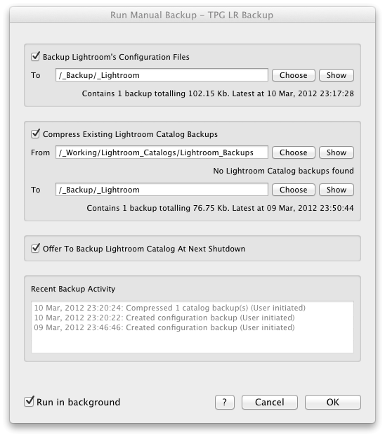 LR Backup Run Manual Backup dialog