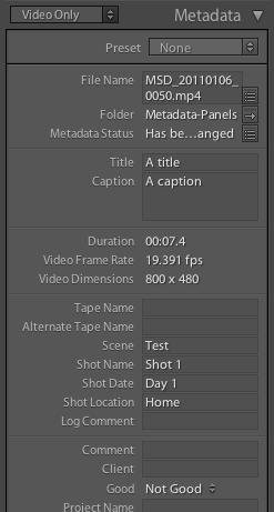 Metadata Panels Video Only tagset